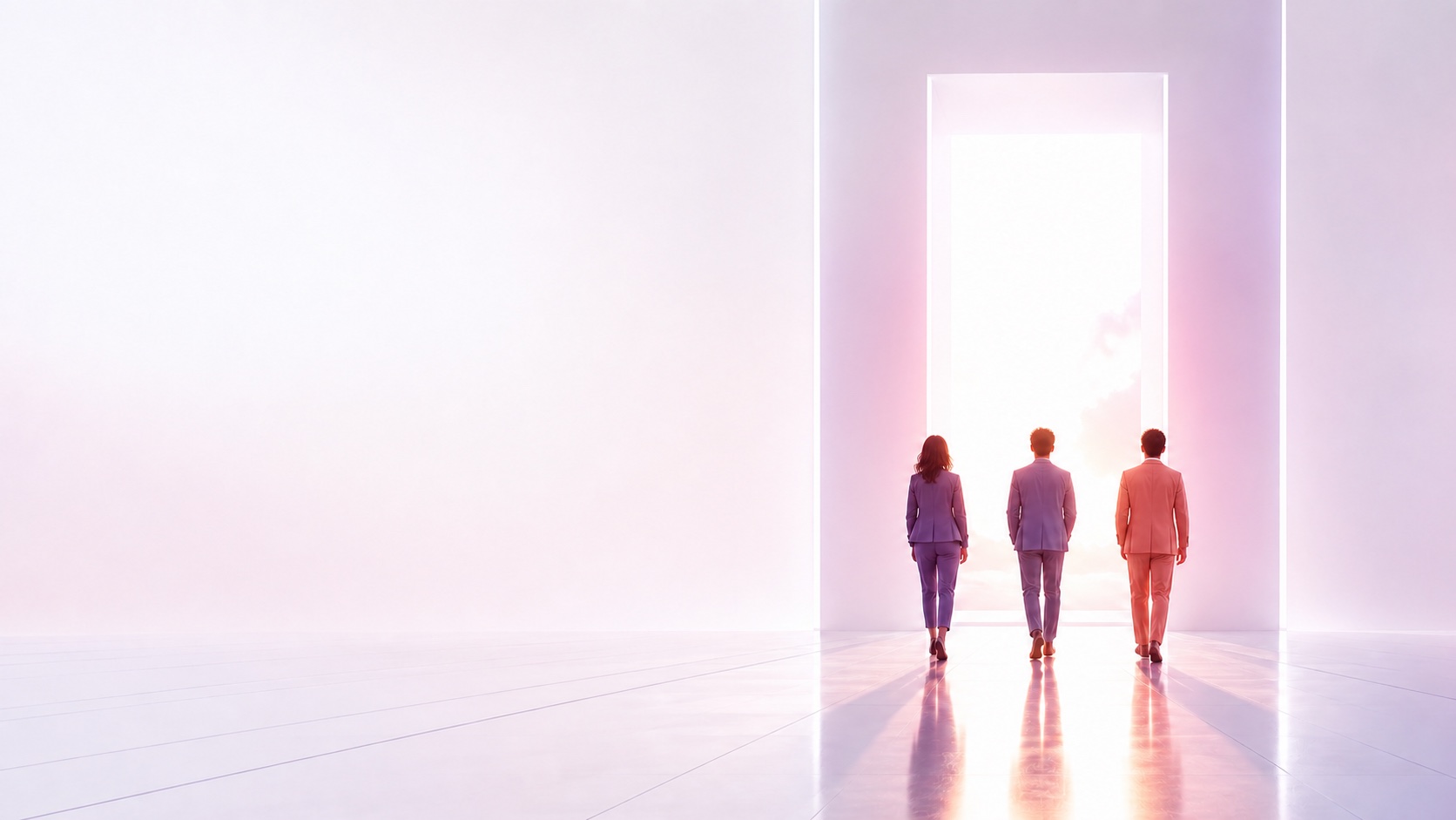 Three people moving toward a luminous future-media portal