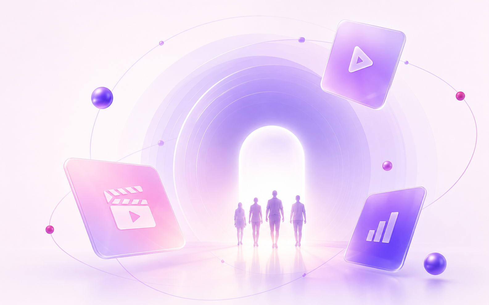 A luminous future-media portal surrounded by video, entertainment and analytics symbols